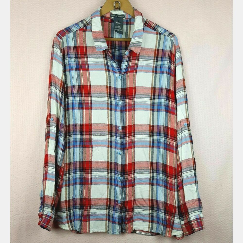 Chelsea & Theodore Women Plaid Button Down Shirt Roll Tab Sleeve Size L